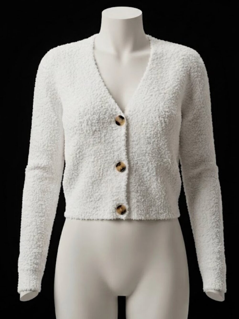 Love Change Italy White Fuzzy Plush Cropped Cardigan Size M Tortoise Buttons
